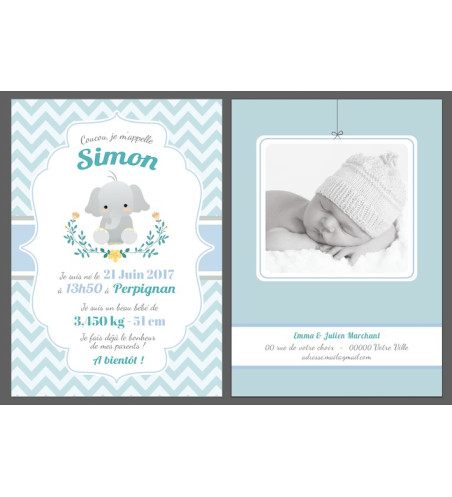 Faire part de naissance Garçon - Eléphant