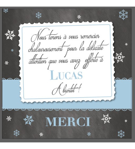 Carte remerciement naissance garçon - "ardoise flocons"
