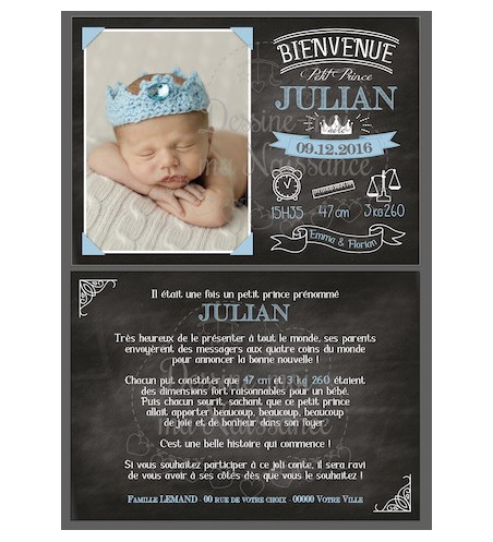 Faire part de naissance garçon - Prince ardoise