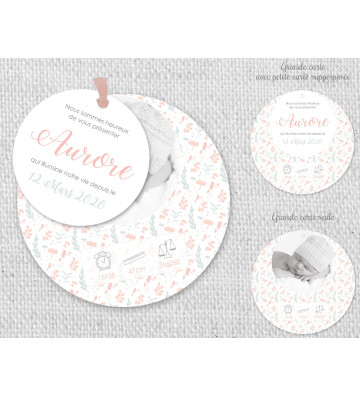 Faire part de Naissance rond pour fille - Motif floral