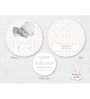 Faire part de Naissance rond pour fille - Motif floral