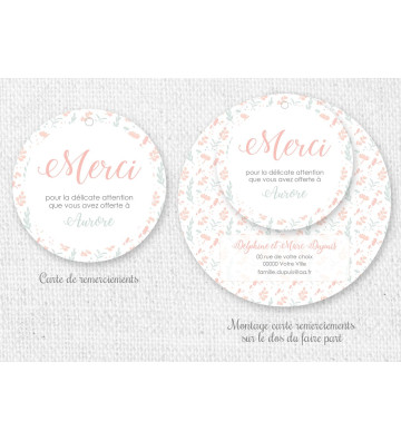 Remerciements de Naissance rond pour fille - Motif floral