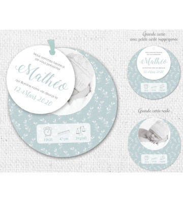 Faire part de Naissance rond pour Garçon - Motif floral