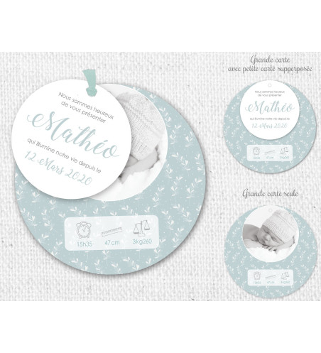 Faire part de Naissance rond pour Garçon - Motif floral