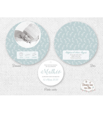 Faire part de Naissance rond pour Garçon - Motif floral