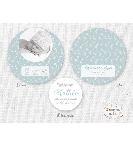 Faire part de Naissance rond pour Garçon - Motif floral
