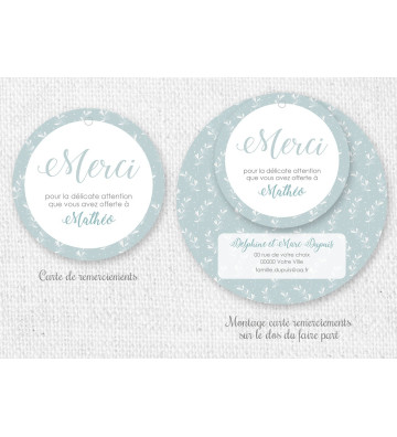 Carte Remerciements Naissance rond pour Garçon - Motif floral