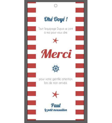 carte remerciement de naissance Garçon - marque page - Marin