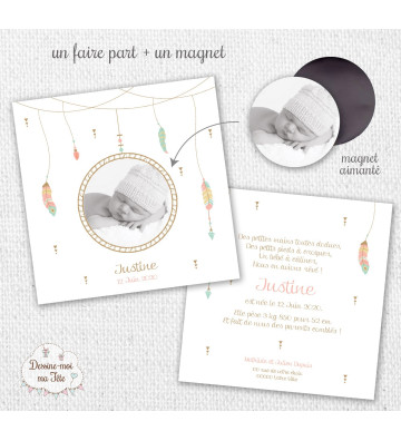 Faire part de naissance avec magnet aimanté fille - bohème