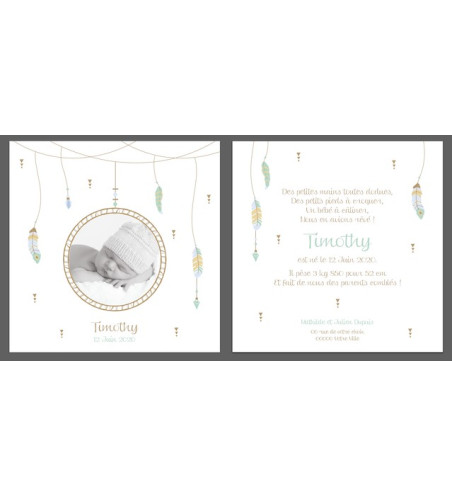 Faire part de naissance avec magnet aimanté Garçon - bohème