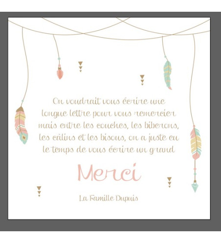 Carte remerciement de naissance avec magnet aimanté fille - bohème