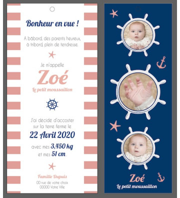 Faire part de naissance Fille - marque page - Marin