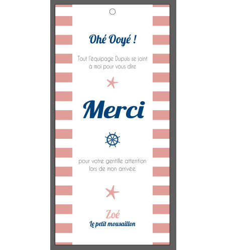 carte remerciement naissance Fille - marque page - Marin