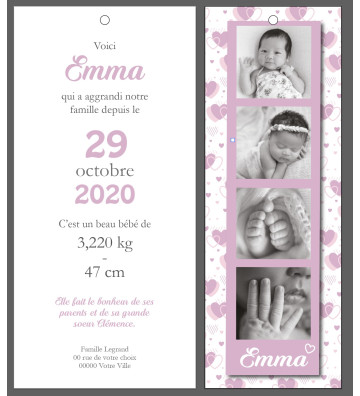 Faire part de naissance Fille - marque page - Motif coeurs rose