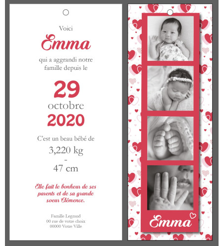 Faire part de naissance Fille - marque page - Motif coeurs rouges