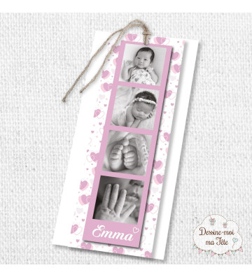 Faire part de naissance Fille - marque page - Motif coeurs rose