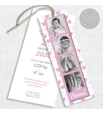 Faire part de naissance Fille - marque page - Motif coeurs rose