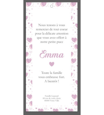 carte remerciements de naissance Fille - marque page - Motif coeurs rose