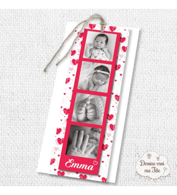 Faire part de naissance Fille - marque page - Motif coeurs rouge