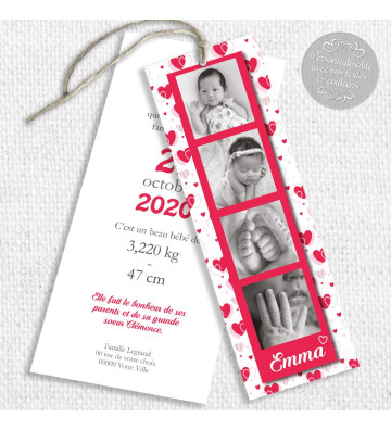 Faire part de naissance Fille - marque page - Motif coeurs rouge