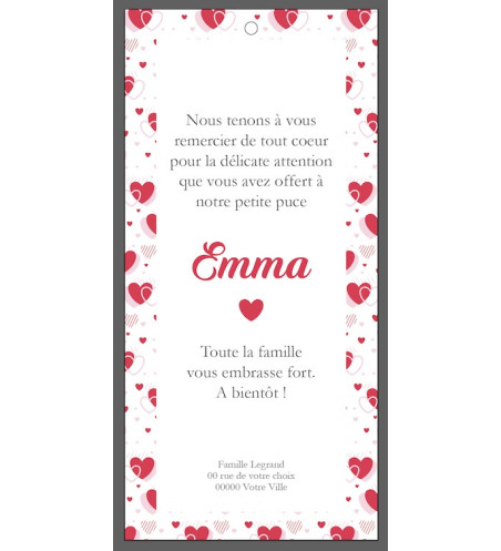 Carte remerciements de naissance Fille - marque page - Motif coeurs rouge
