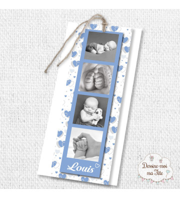 Faire part de naissance Garçon - marque page - Motif coeurs bleu