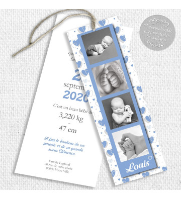 Faire part de naissance Garçon - marque page - Motif coeurs bleu