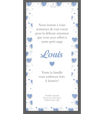 carte remerciement de naissance Garçon - marque page - Motif coeurs bleu