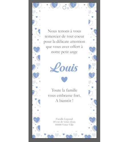 carte remerciement de naissance Garçon - marque page - Motif coeurs bleu
