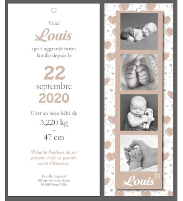 Faire part de naissance Garçon - marque page - Motif coeurs beige