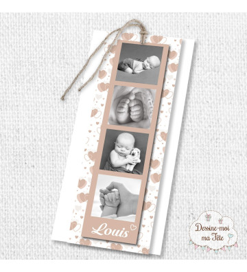 Faire part de naissance Garçon - marque page - Motif coeurs beige