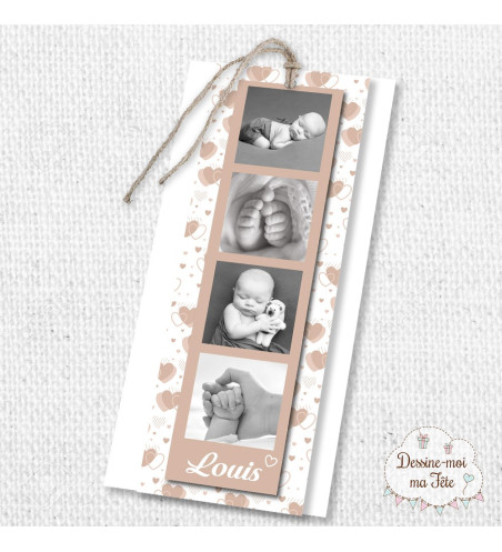 Faire part de naissance Garçon - marque page - Motif coeurs beige