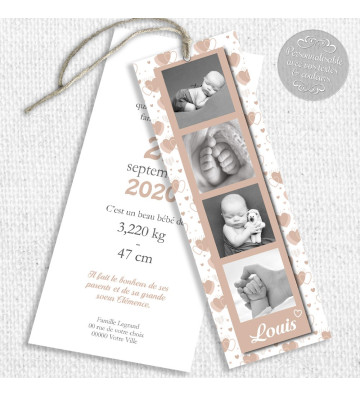 Faire part de naissance Garçon - marque page - Motif coeurs beige