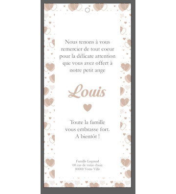 carte remerciements de naissance Garçon - marque page - Motif coeurs beige