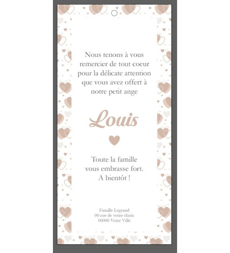 carte remerciements de naissance Garçon - marque page - Motif coeurs beige
