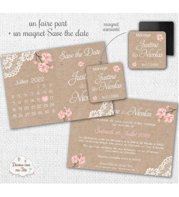 Faire part de mariage aimanté avec magnet - Bohème Romantique Calendrier