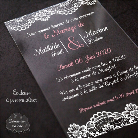 Faire part de Mariage plexi acrylique - Dentelle / Bohème blanc