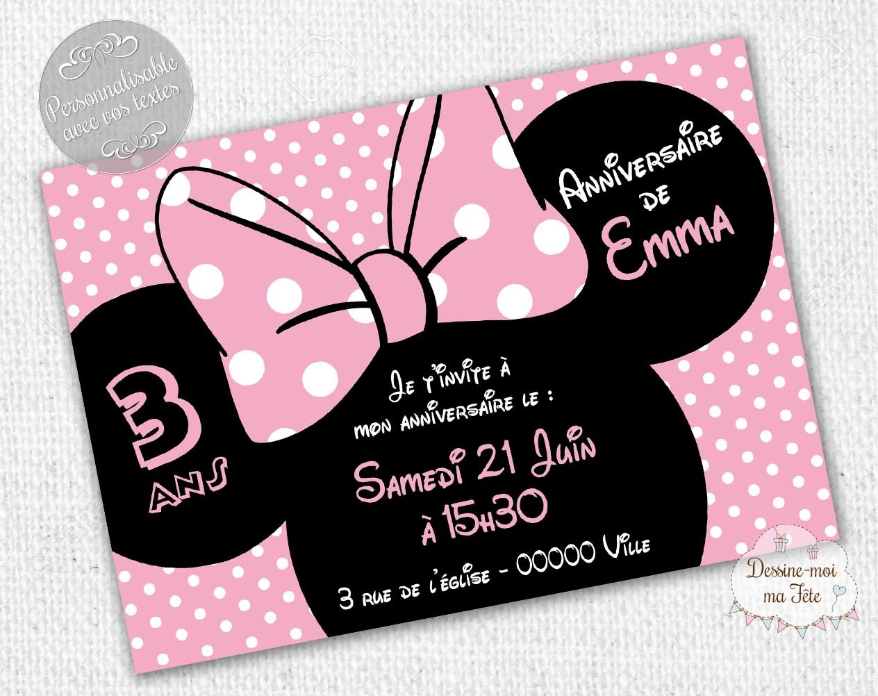 Invitation Anniversaire Minnie Personnalisee Rose