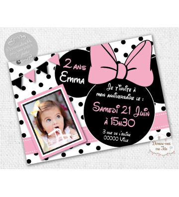 carte d'invitation Anniversaire - Minnie blanc