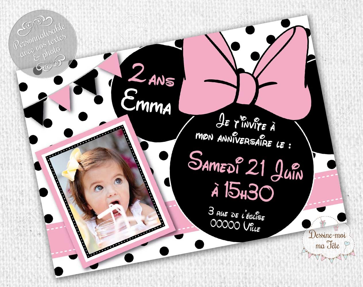 Invitation Anniversaire Minnie Personnalisee Blanc