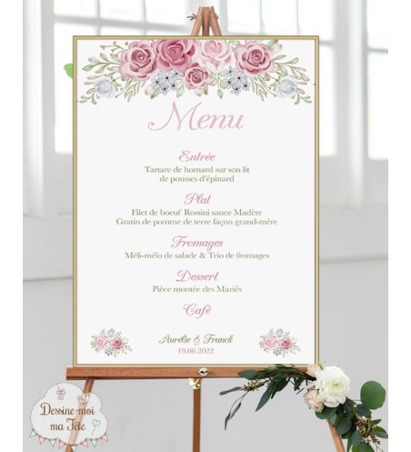 Tableau Menu Mariage - Champêtre romantique - personnalisé