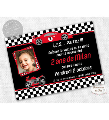 Carte d'invitation Anniversaire -  thème Course de Voiture