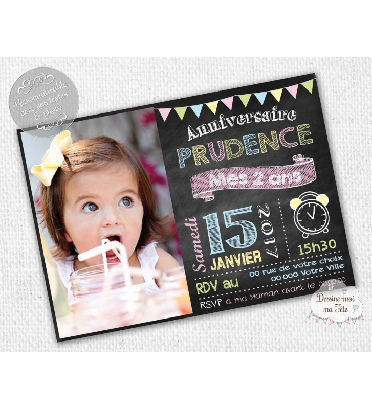 Invitation d'anniversaire Ardoise personnalisée avec photo - Fille