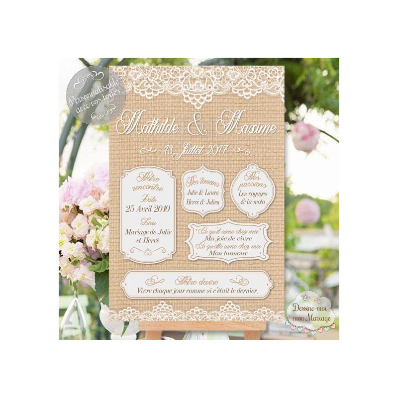 Tableau "Infos Mariés Rustique chic" personnalisé