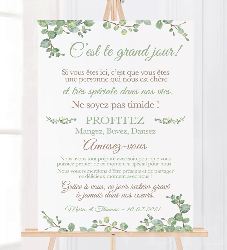 Tableau de Bienvenue mariage personnalisé Merci Végétal Format