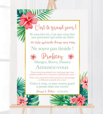 Tableau de Bienvenue Mariage - Merci Fleurs exotiques - personnalisé