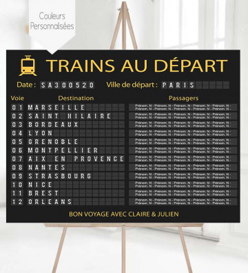 Plan de table Mariage "Panneau gare - Départ des trains" personnalisé (version noire)