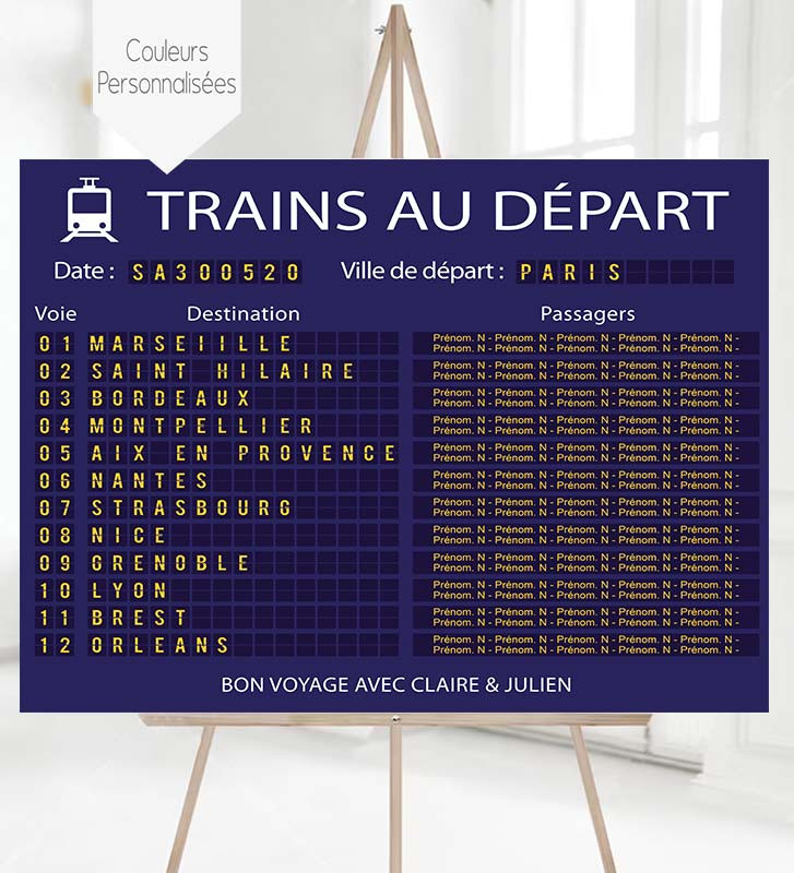 Plan de table Mariage "Panneau gare - Départ des trains" personnalisé (version bleue)