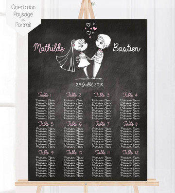 Plan de table Mariage "couple mariés Ardoise" personnalisé