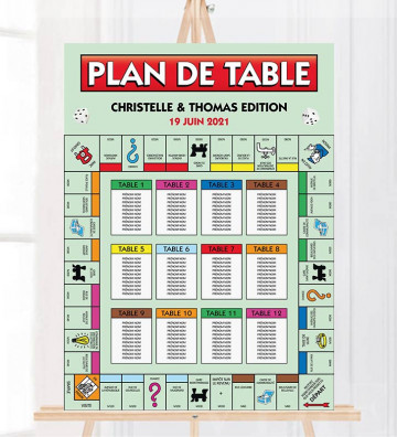 Plan de table Mariage "Monopoly / jeux de société" personnalisé